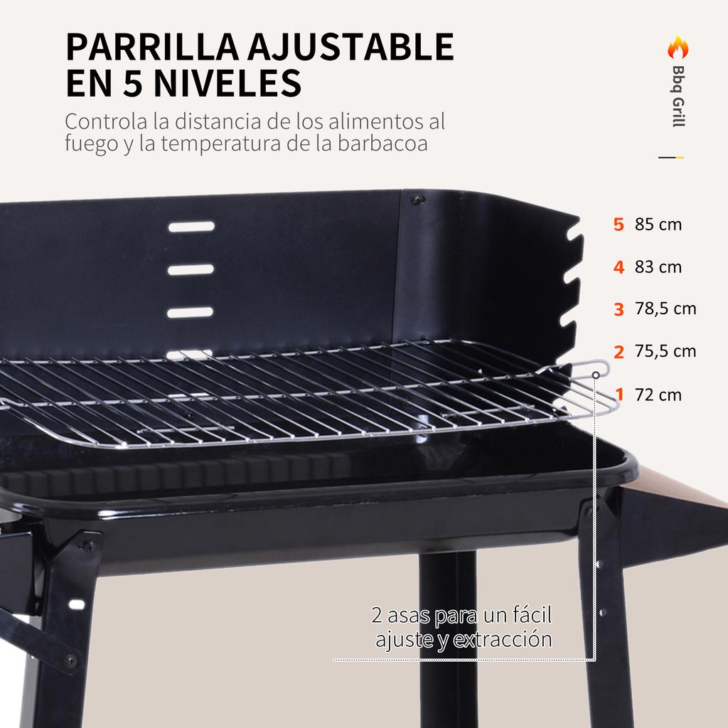 Charcoal BBQ Grill with Adjustable Grill Height, Shelves and Wheels for Outdoor Use, 83x46x87 cm, Black