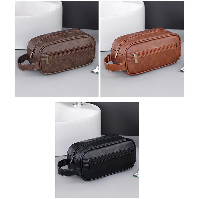 Men PU Wash Bag Travel Business Trips Portable Cosmetic Bag Large Capacity Multi Pocket Design Handheld Wash Bag