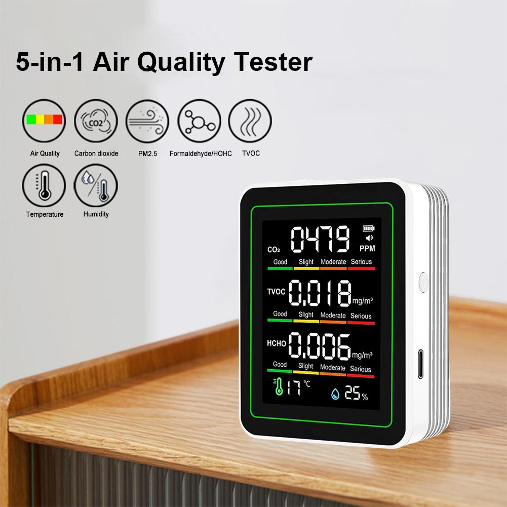 5 in 1 Digital Air Quality Monitor CO2 HCHO TVOC Humidity and Temperature Monitor CO2 Tester LCD Household Air Quality Tester