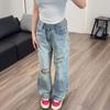 Lockere hellblaue Jeans mit Löchern für Damen, Herbst, Retro, hoch tailliert, eng anliegend, schmal gerade, Bettlerhose, Retro-Streetstyle, Baggy-Jeans für Damen