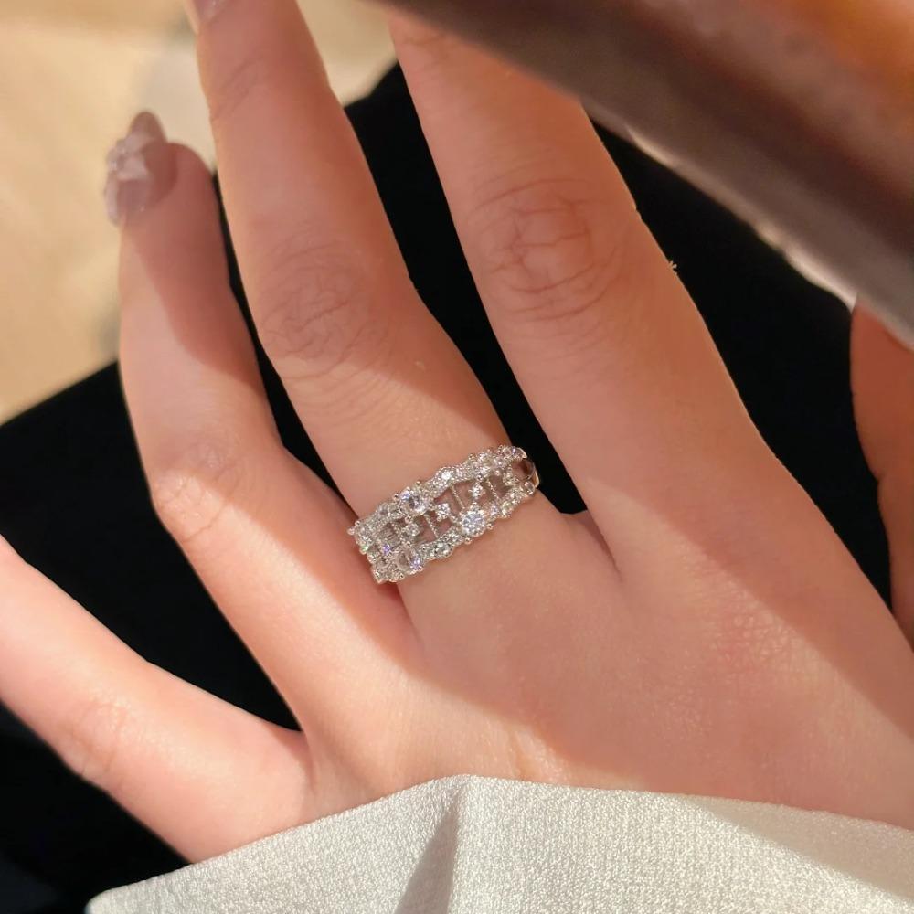 Women Italian Brushed Harp Lace Ring Luxury Stackable Openwork Diamond Ring Simple and Elegant Fashion Jewelry Adjustable opening