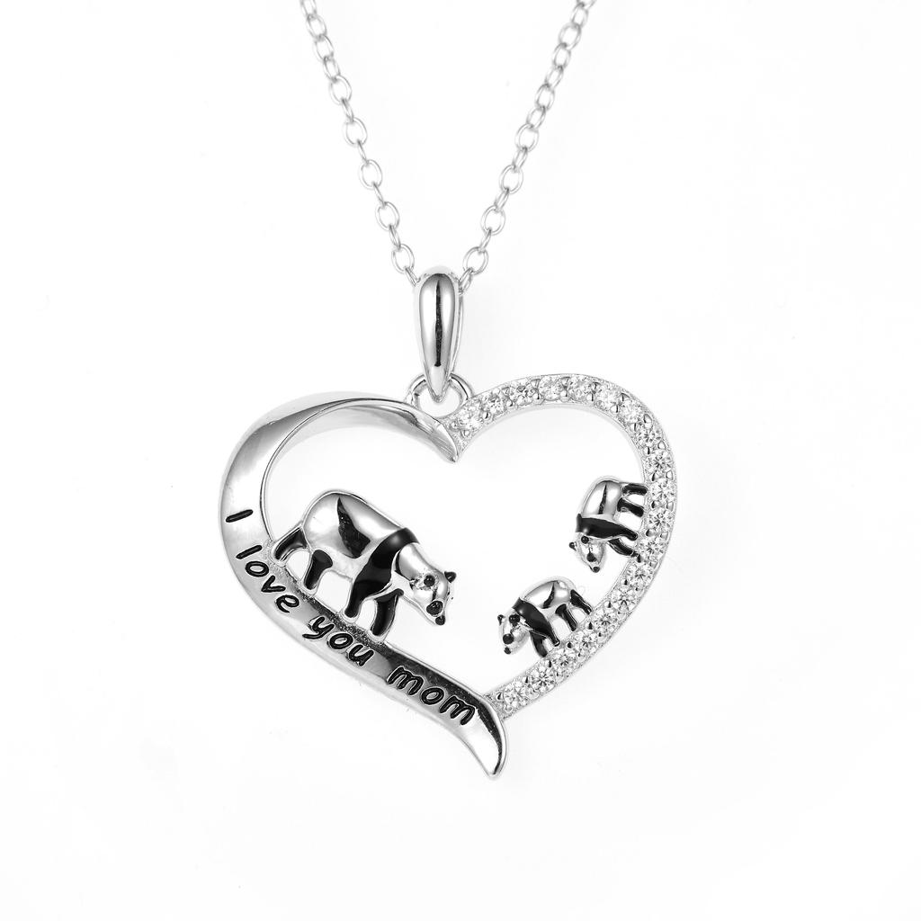 Panda Mother with Child Real Zircon Heart Pendant in Sterling Silver Mothers Day GIft