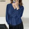 VONDA Women V-Neck Long Sleeve Lace-up Irregular Solid Color Casual Blouse