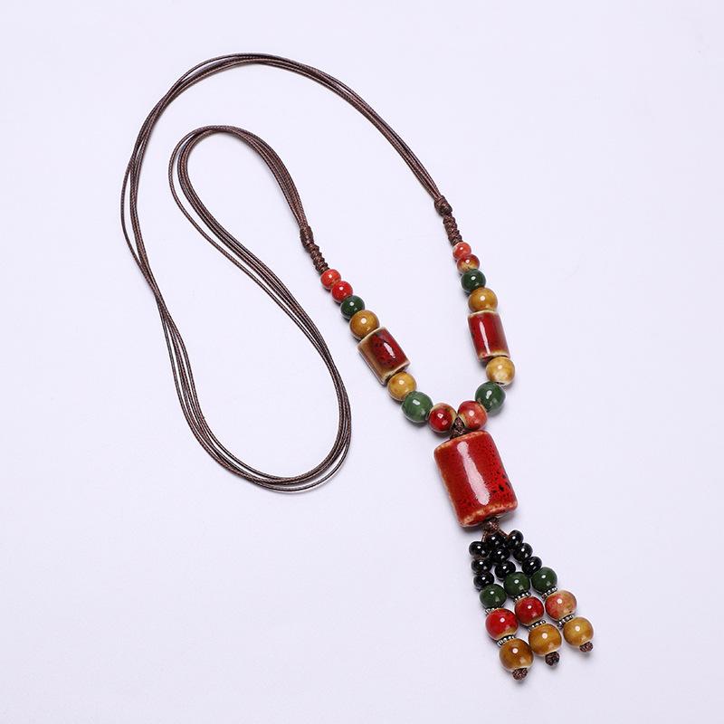 

Керамический Кулон-Ожерелье Ручной Работы Плетеная Веревка с Узлами Регулируемая Длинная Цепочка для Свитера Бохо Винтаж Этнический Племенной Мода Женские Аксессуары Украшения красный