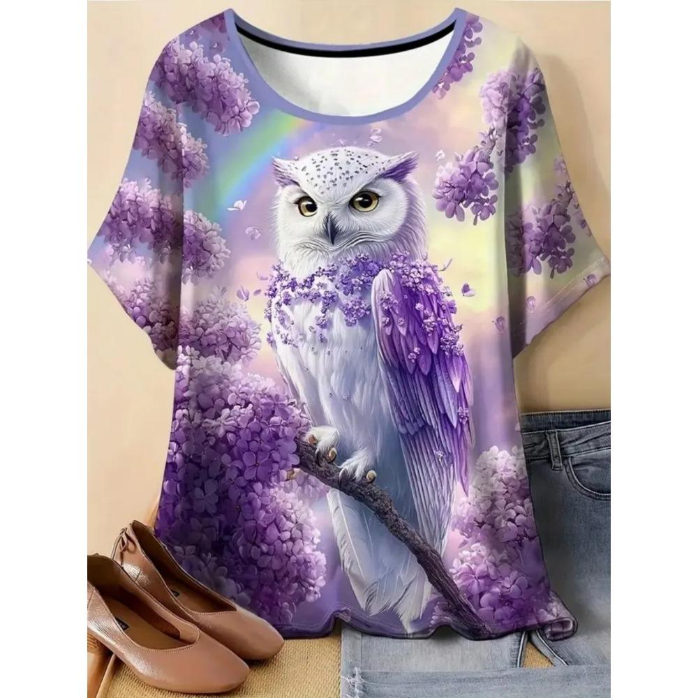 Ladies Fashionable Comfortable Printed Animal T-shirt Interesting Animal Owl Bird Patterns Loose Breathable Large Size Short Sleeved T-shirt