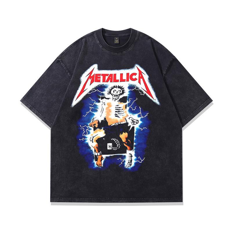 Men'S American Retro Rock Print Washed Old T-Shirt Vintage Trendy Brand Pure Cotton Half Sleeve Men