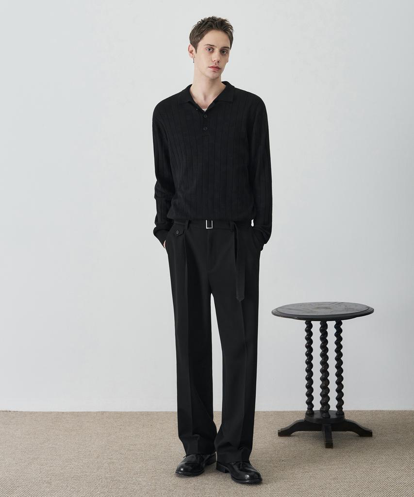 DRAW FIT Belted Semi-Wide Slacks [Black]