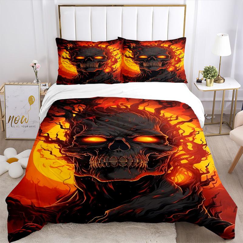 3pcs Fiery Skull Duvet Cover Set - Machine Washable, Includes 1 Cover and 2 Pillowcases, No Core Included Yy251013101