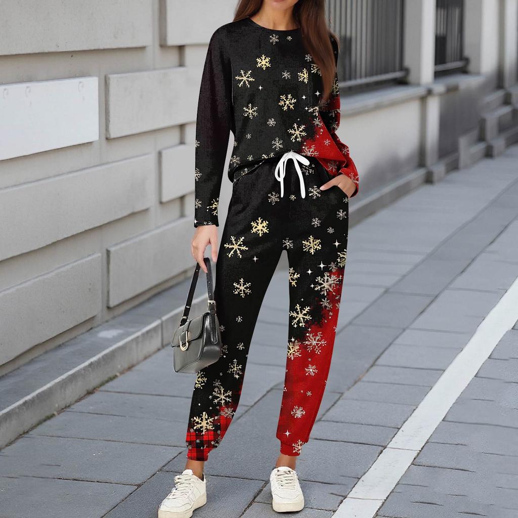 Sets für Damen 2-teilig Rundhals Langarmshirts Bedruckte Jogginghosen Taschensets