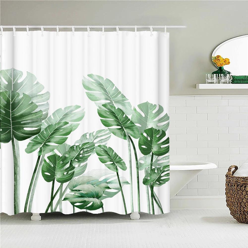 

Green Plant leaves Shower Curtains Bath Curtain Bathroom 3d Printed Fresh Waterproof Polyester Cloth With Hooks Home Decor Mat W90xH180cm