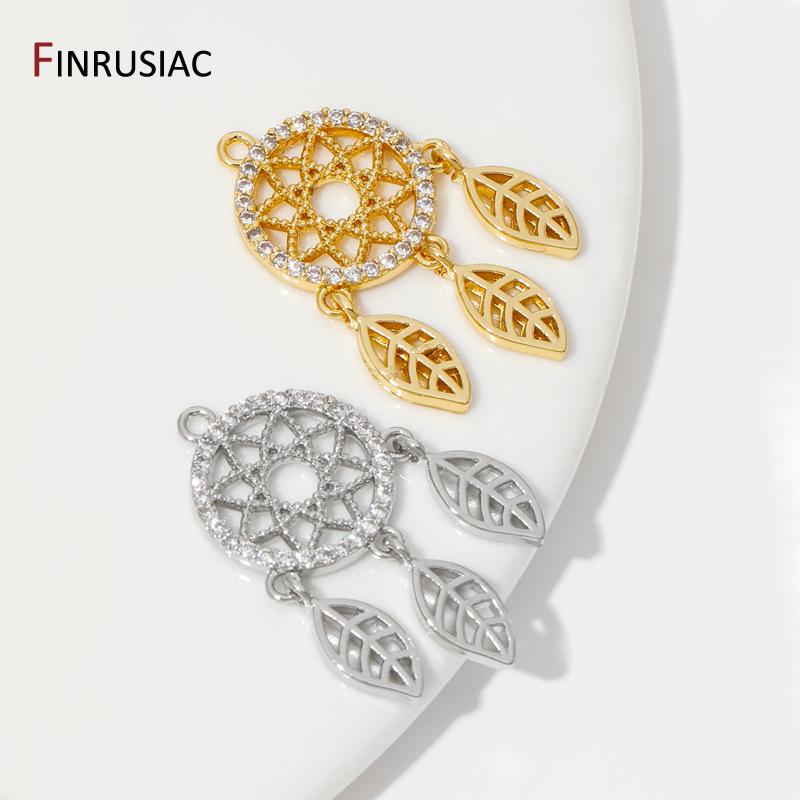 18K Gold Plated Brass Hollow Out Charms Pendants,Inlaid Zircon Leaf Pendant For DIY Neckalce Earrings Making Findings
