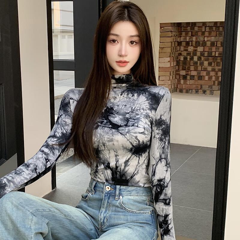 JOHLIN DREAM Women s Retro Semi-High Collar Tie-Dye Long-Sleeve Top 2XL