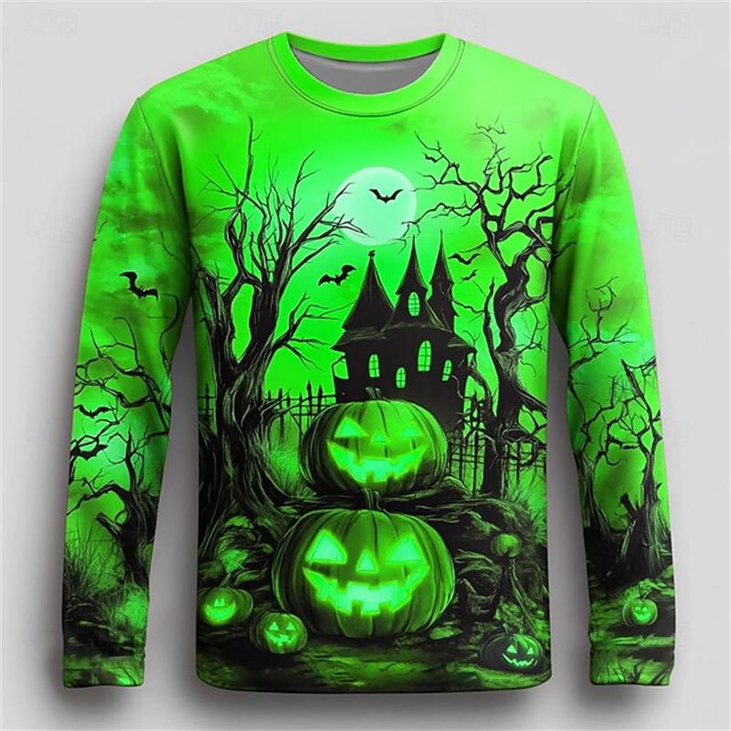 2025 New Long Sleeve T-Shirts For Men Fall Halloween Pumpkin Print T Shirt Vintage Streetwear Casual Tops Halloween Theme Tees