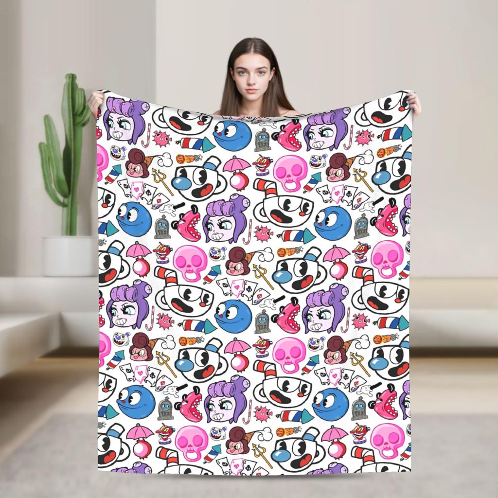 Cartoon Cuphead and Mugman Game Blankets Fleece Spring Autumn Breathable Soft Throw Blankets for Bedding Couch Plush Thin Quilt