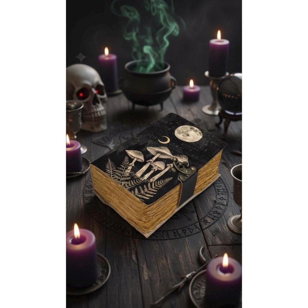 Handmade Mushroom Leather Journal, Fairy Moon Grimoire Notebook with Deckle Edge Paper, Cottagecore Fairycore Spell Book of Shadows