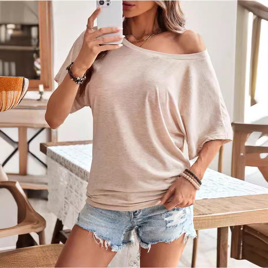 2024 Women's Solid Color Batwing Sleeve Knitted Off-the-Shoulder Top
