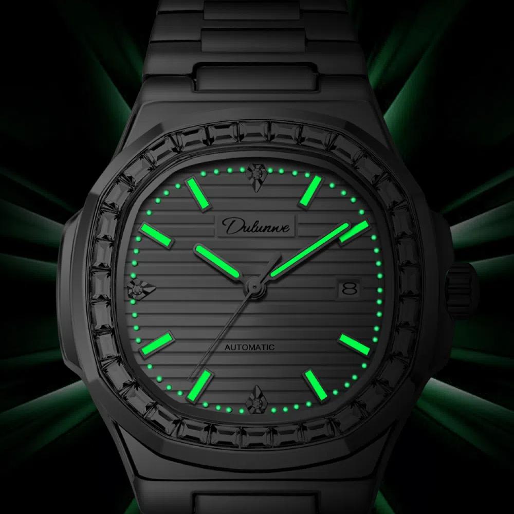 Dulunwe Zegarek na rękę ze stali nierdzewnej wodoodporny podświetlany wyświetlacz kalendarza zegarki biznesowe luksusowy zegarek męski automatyczny zegarek mechaniczny ze strasami