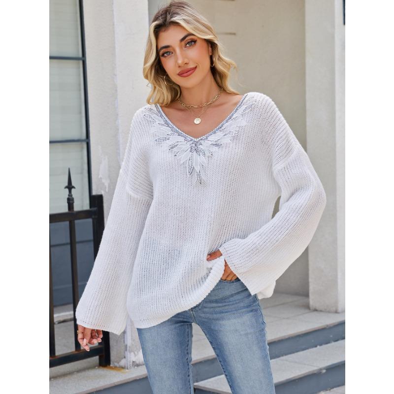 Autumn Winter Loose Casual Sequins Patchwork Fashion Sweater Women V-neck Bottomed Knitting Pullover Top