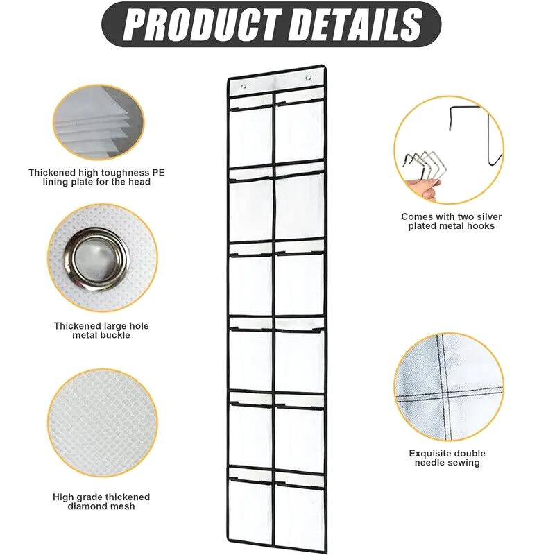 12/24 Grids Wall-Mounted Sundries Shoe Organiser Fabric Closet Bag Storage Rack Mesh Pocket Clear Hanging Over The Door Box