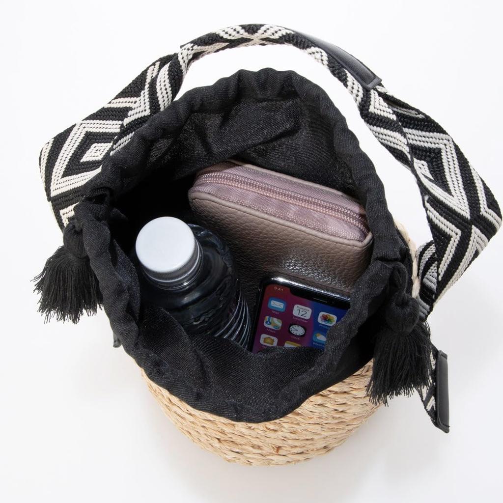 [Kashkash] Jacquard Tape Handle Raffia Bucket Tote