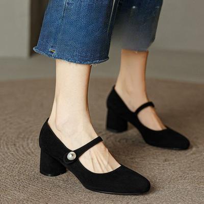 Fashion Women's Mary Janes Shoes Vintage Office Dress Shoes Black Faux Suede Pumps Pearl Buckle Mid Heels Zapatos Mujer Spring