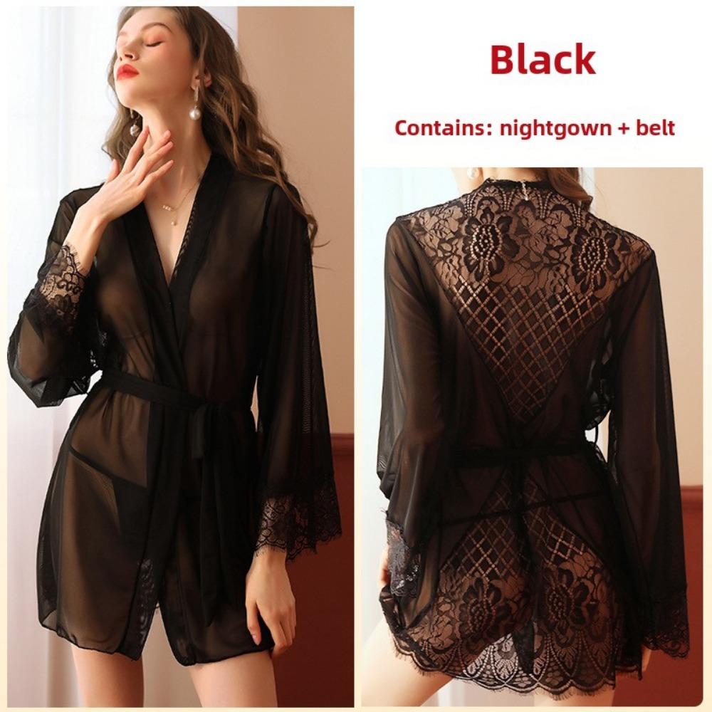 Sommerpyjama Damen Chiffon Perspektive Nachthemd Spitze Spleißen Schöner Rücken Sexy Bademantel Loungewear