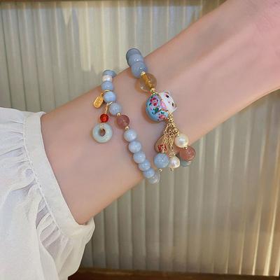 New Chinese Pearl Lucky Cat Bracelet Blue Jade Beaded Bracelet Cartoon Cute Versatile Simple Versatile Jewelry