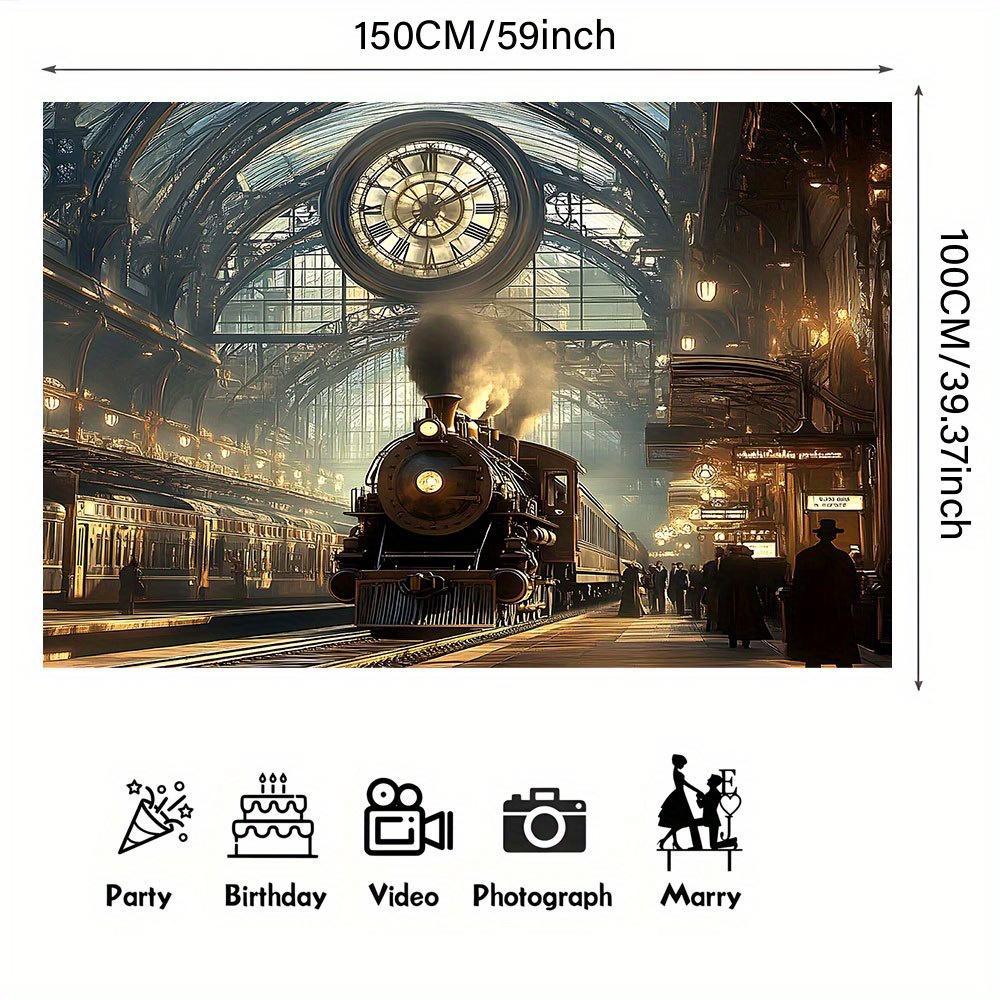 1 piece vintage steam train station background flag, suitable for photo taking, birthday, anniversary, wedding and all s