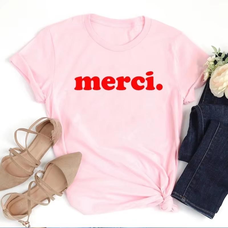 Merci Letter Printed French Saying Fashion Women T Shirts Thank You Streetwear Tops Cotton Oversized T-shirt Womens Clothing