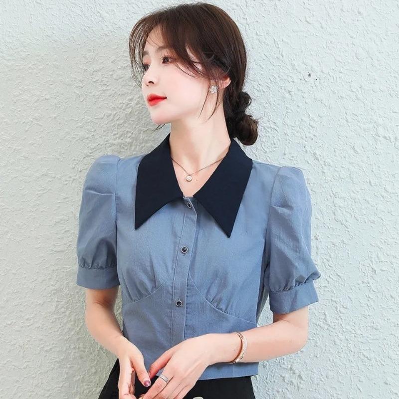 Women Blue Contrast Collar Puff Sleeve Button Down Cropped Shirt S синий