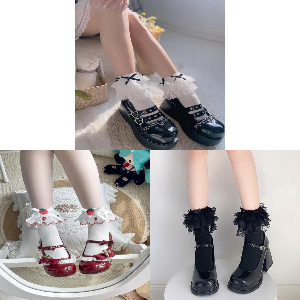 Lolita Cotton Socks With Lace Ruffle Bow For Girls Spring Casual Wear