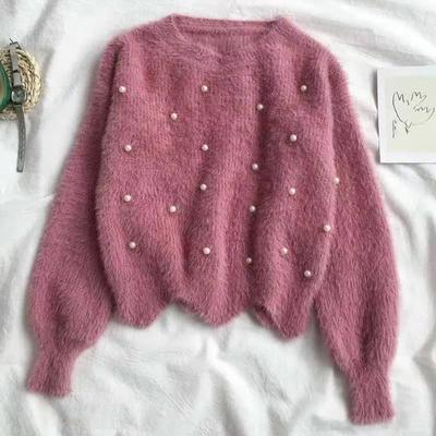Mink Down Imitation Pullover Sweater for Women Autumn and Winter Korean Version Versatile Loose Studded Knit Sweater Female