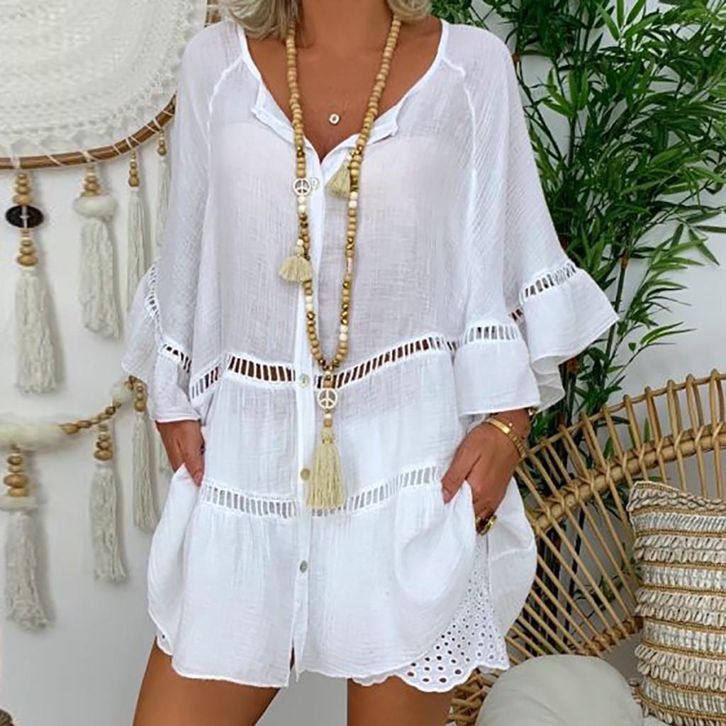 Women's V-Neck Loose-Fit Seven-Sleeve Cotton Linen Plus Size Top Dress