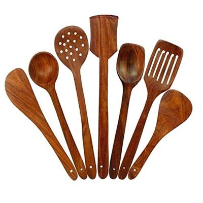 Set of 7 Wooden Serving and Cooking Spoons Wooden Brown Spoons Kitchen Utensils