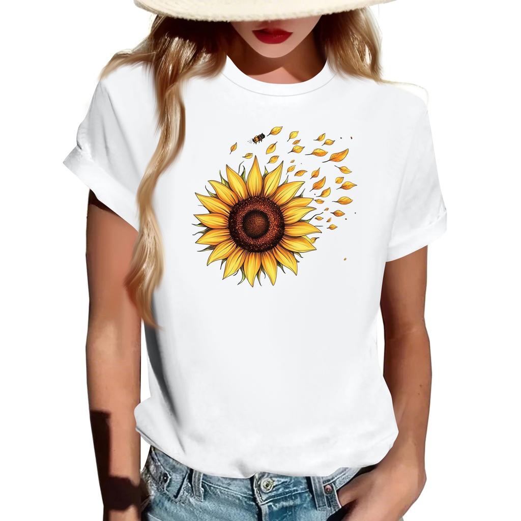 Damen Modisches Rundhals Casual Retro Print Kurzarm T-Shirt Top