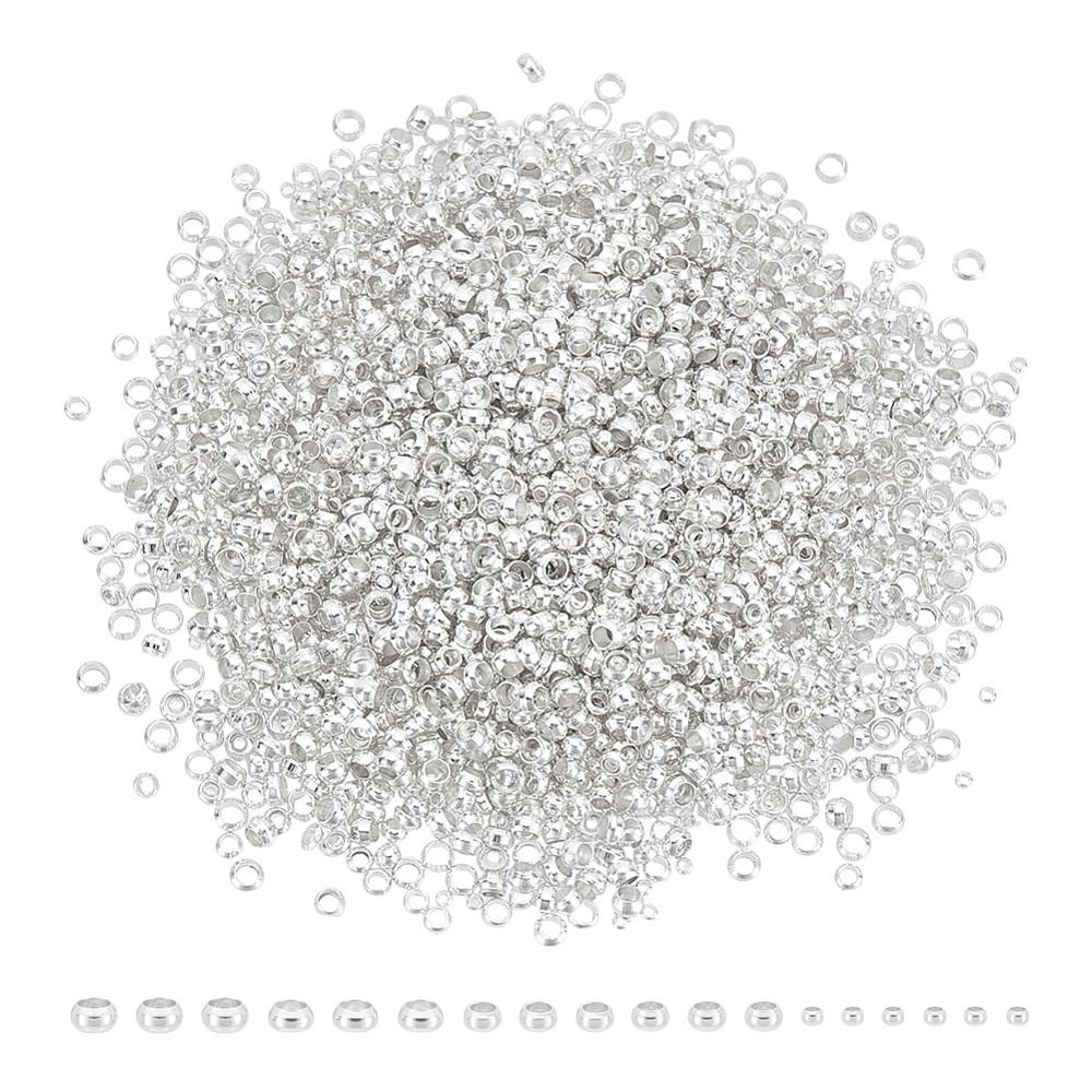 3000Pcs 3 Styles Rondelle Brass Crimp Beads, Silver, 1.5~3x1.5~2mm, Hole: 0.5~2mm, about 1000pcs/style