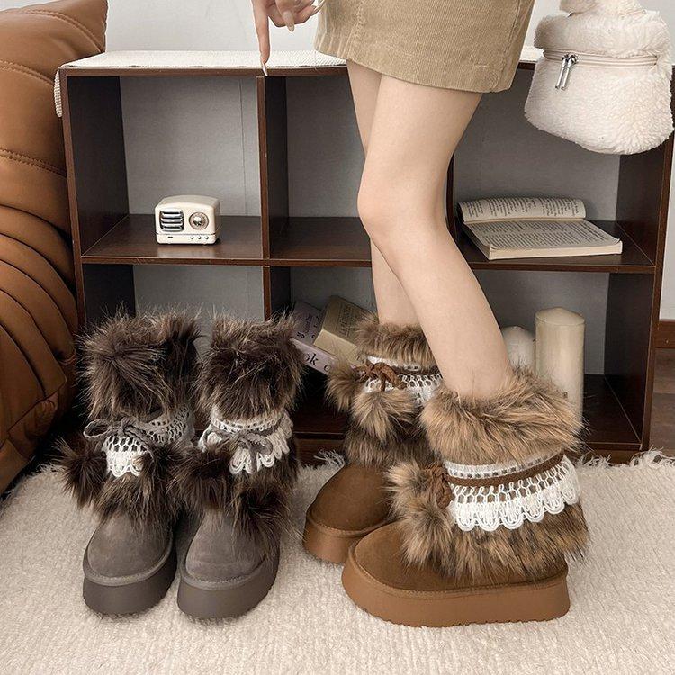 Gray Snow Boots Women's Winter Mid-tube Cotton Boots Thick-soled Cotton Shoes Piled Thickened Fur Boots Integrated Snow Cotton