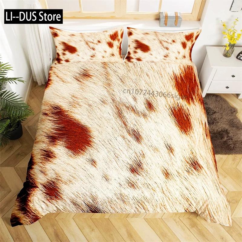 Cowhide Print Duvet Cover Queen Microfiber Western Farmhouse Animal Skin Fur Bedding Set 3pcs for Kids Teen Cow Quilt Cover