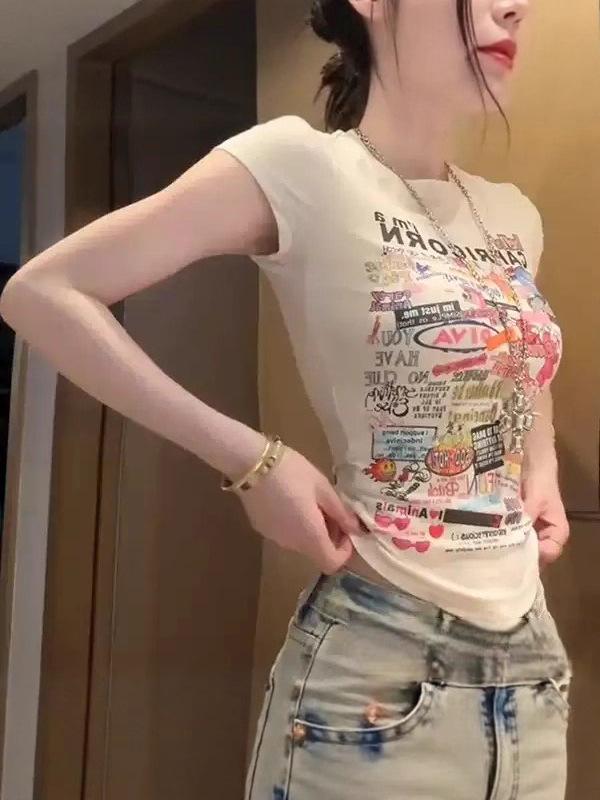 Camiseta de Verano para Mujer con Estampado de Letras y Dibujos, Corte Ajustado, Manga Corta