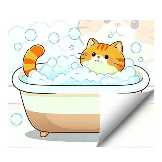 Cartoon Cat Wall Sticker, Funny Orange Cat Bathing/Licking Wall Decal, Peel And Stick Self-Adhesive PVC Room Mural for Kitchen, Bathroom