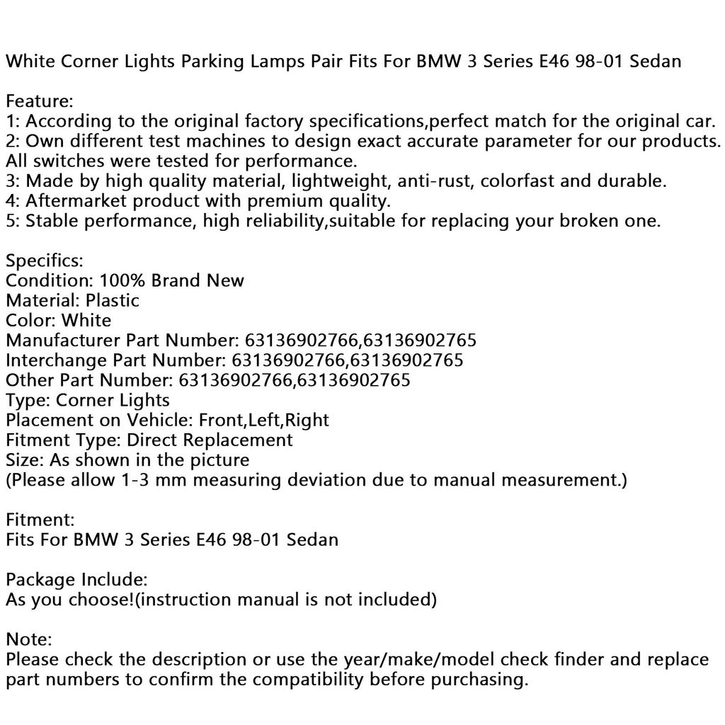 Pair White Corner Side Light For BMW 3 Series E46 98-01 Sedan 63136902766