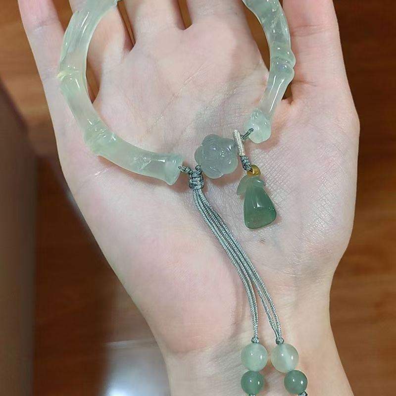 Chinese Antique Style Imitation Jade Lotus Bangle Chinese Style Tassel High-End Bamboo Bracelet Collection Jewelry Gift Femme