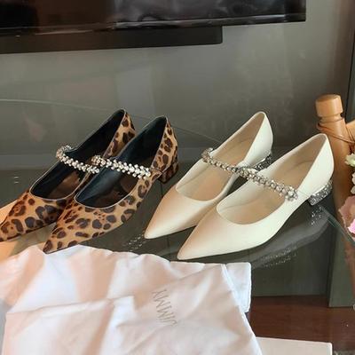 Damenschuhe Elegante kleine spitze funkelnde Diamanten mit All-in-One-Pumps mit Leopardenmuster und klobigen Absätzen Mary Jane