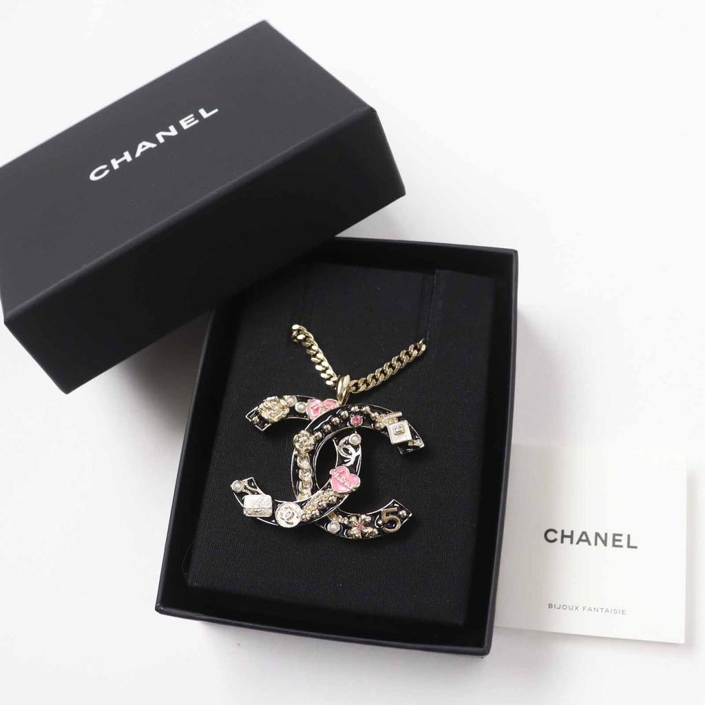 CHANEL Necklace Camellia Perfume Bag Icon Design COCO Mark black Pinkgold B24P Used