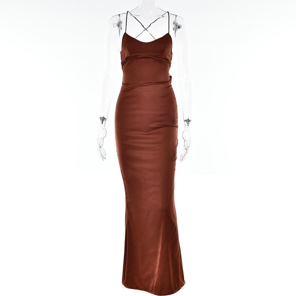 Women's V Neck Sleeveless Maxi Dress Slim Fit High Waist Mermaid Dress Satin Spaghetti Strap Criss Cross Back Tie Backless Wedding Party Long Dress