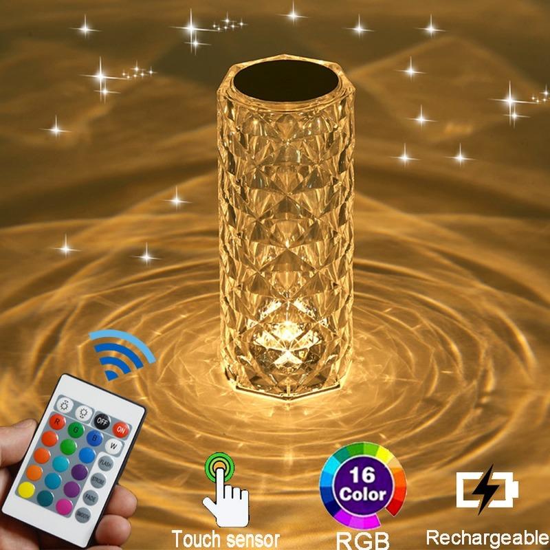 Lâmpada de mesa de cristal led rosa luz projetor 3/16 cores toque ajustável romântico diamante atmosfera luz usb toque luz da noite