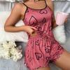 2 Pcs/Set Women O Neck Sleeveless Top Elastic Heart Print Strappy Pajamas Set High Waist Shirring