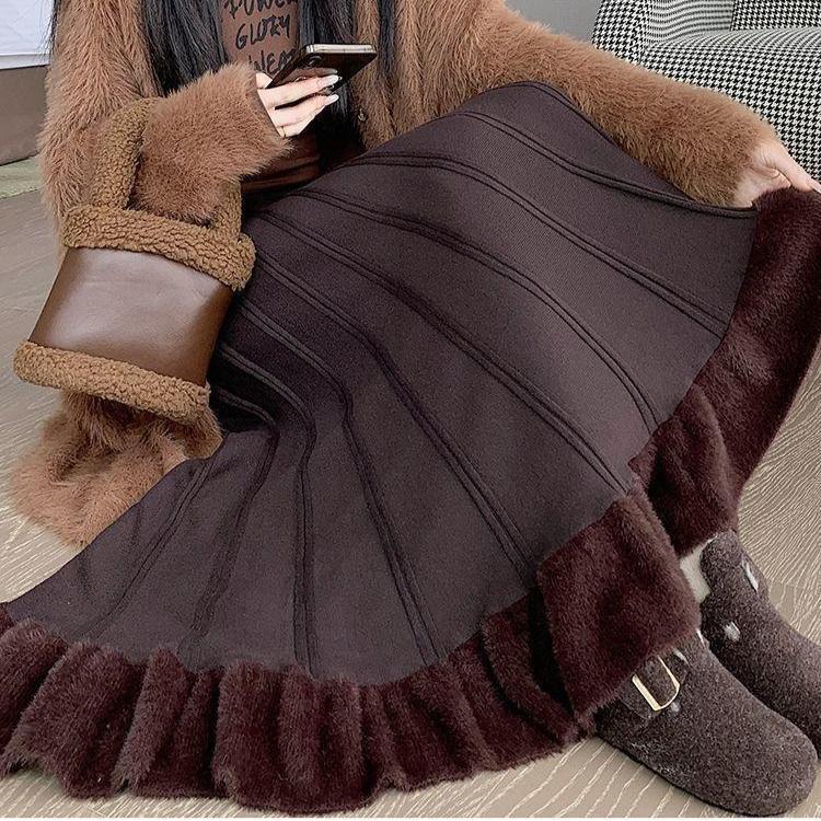 Autumn Winter Women's Knitted Pleated Skirt Long High-waist A-line Skirt