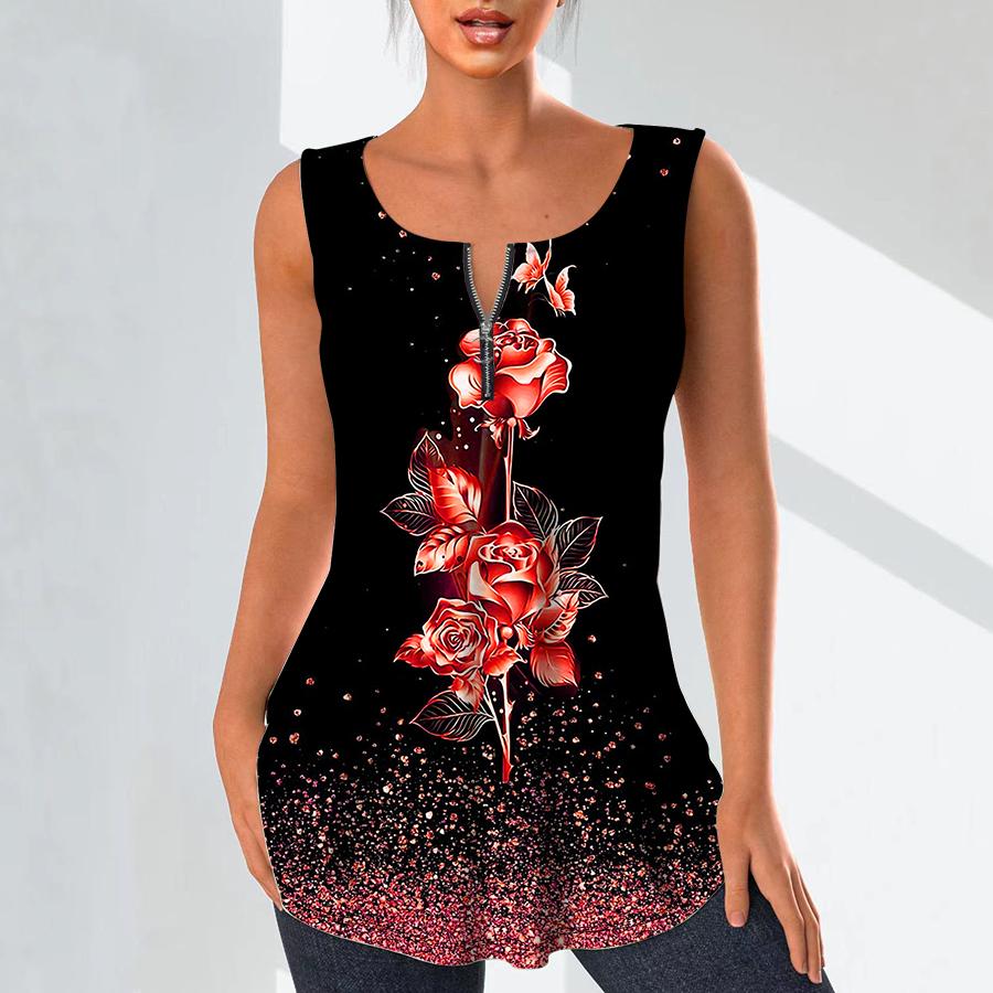 Modne damskie koszule z dekoltem w kształcie litery V Casual topy T-shirt damskie 3D kwiaty w rozkwicie kamizelka z nadrukiem Plus rozmiar bluzka bez rękawów podkoszulki