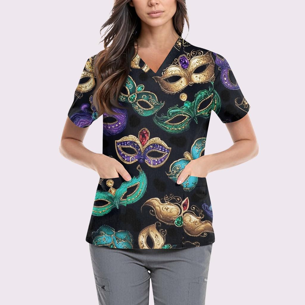 Women's Cute Printed Work Clothes V-neck Double Layer Pockets Basic Short Sleeve Top Pullover Valentines